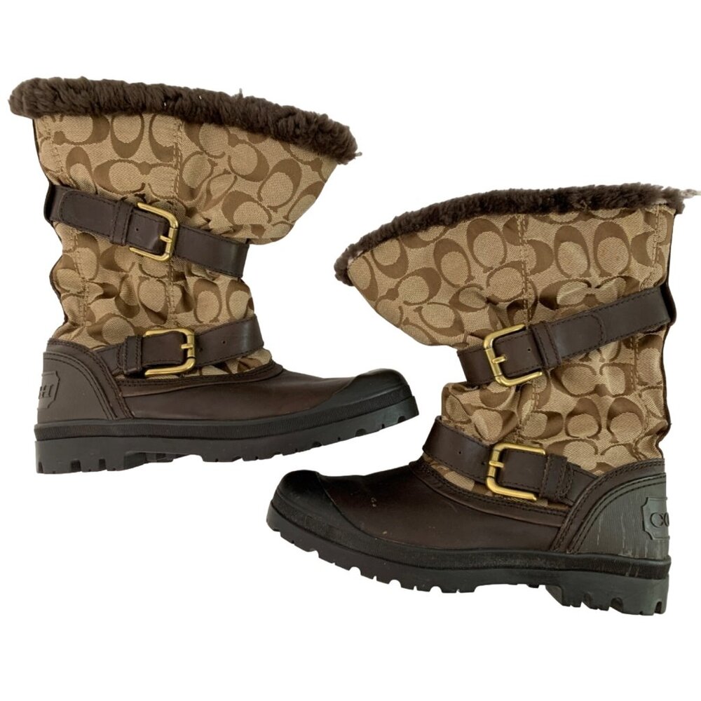 Coach Womens Holiway Signature Brown Snow Boots Size 6.5B Faux Fur 7919 Buckle